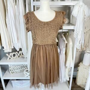 a’reve size small beige camel dress, popcorn top, flowy special occasion #3977